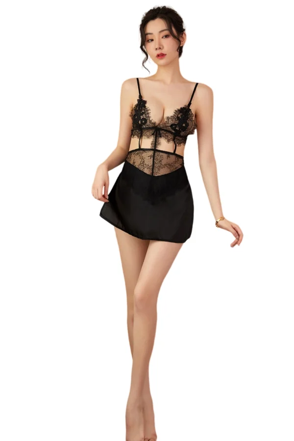 A black bulk lace lingerie nightgown featuring a sheer lace top and satin skirt for a luxurious look.