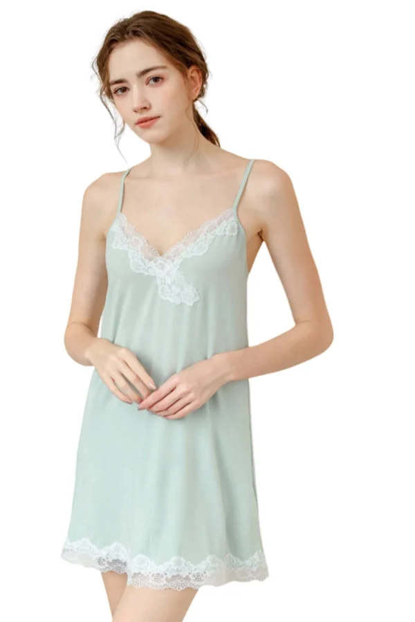 Gothic lace nightgown wholesale in soft mint with lace detailing along the neckline and hem for a refined look.