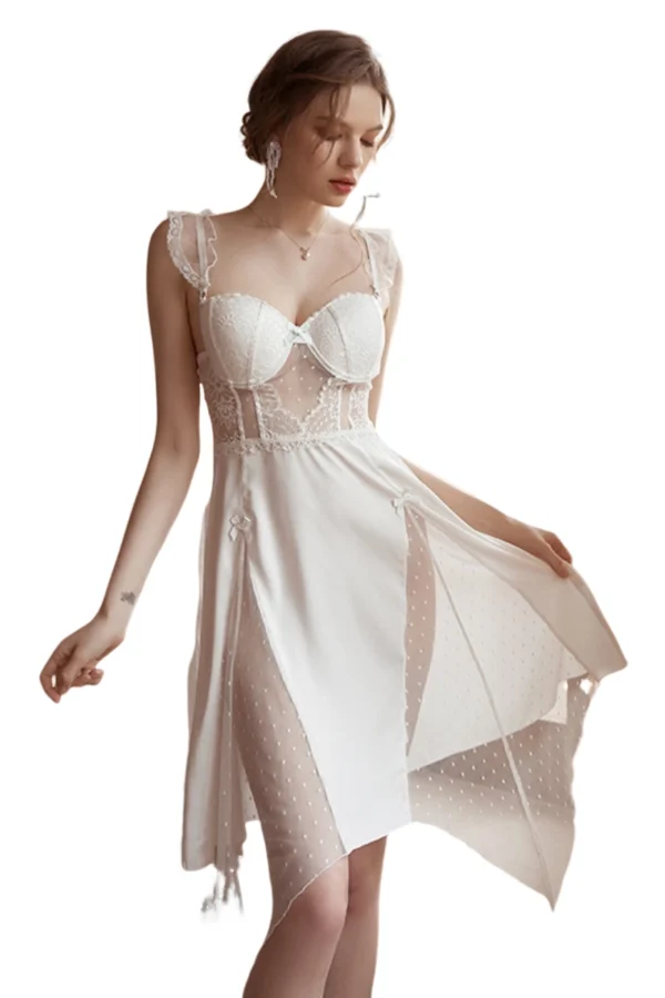 A white historical Victorian lace nightgown featuring sheer lace panels for wholesale buyers.