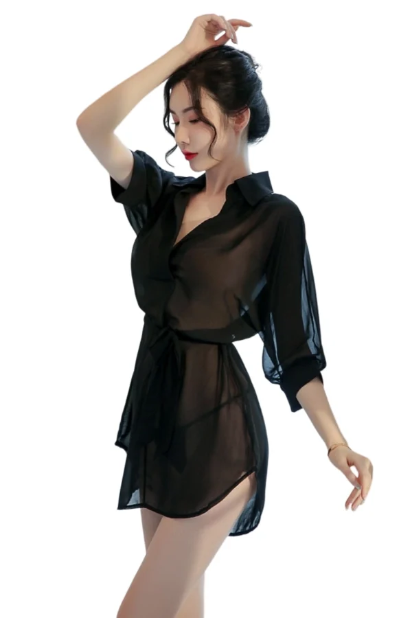 Black custom lace and silk nightgown featuring a collared design and sheer texture