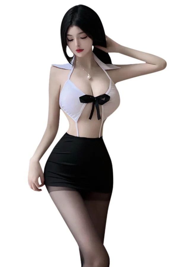 A modern sexy secretary outfit with sheer accents and a black mini-skirt, perfect for wholesale.