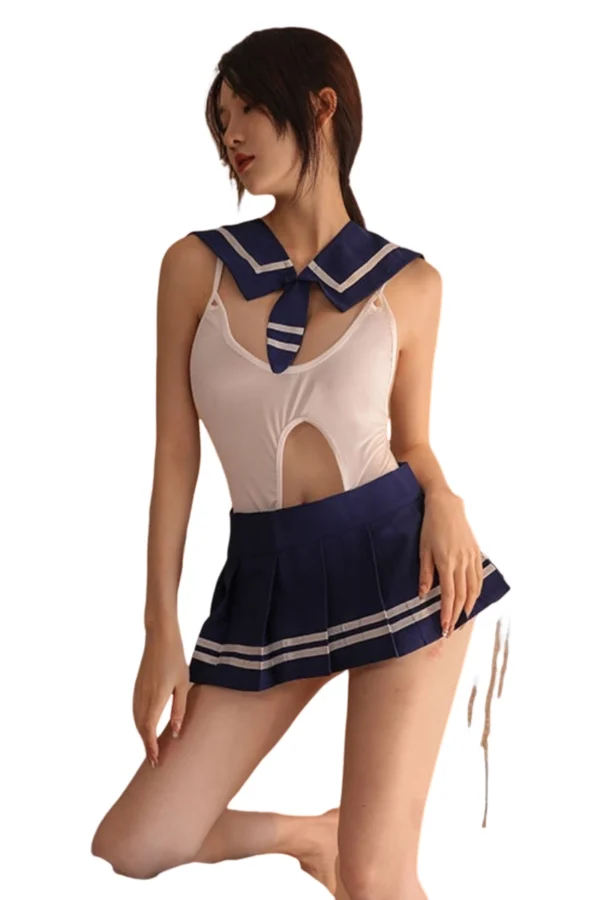 "OEM blue naughty school lingerie set featuring a white cutout bodysuit and stockings."