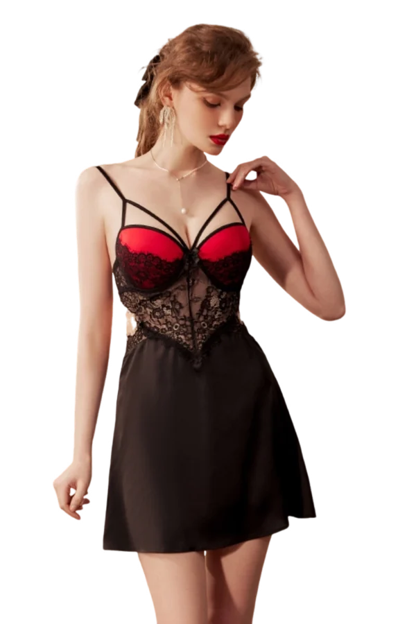OEM guaze lace nightgown in black with red accents, featuring an intricate lace design.