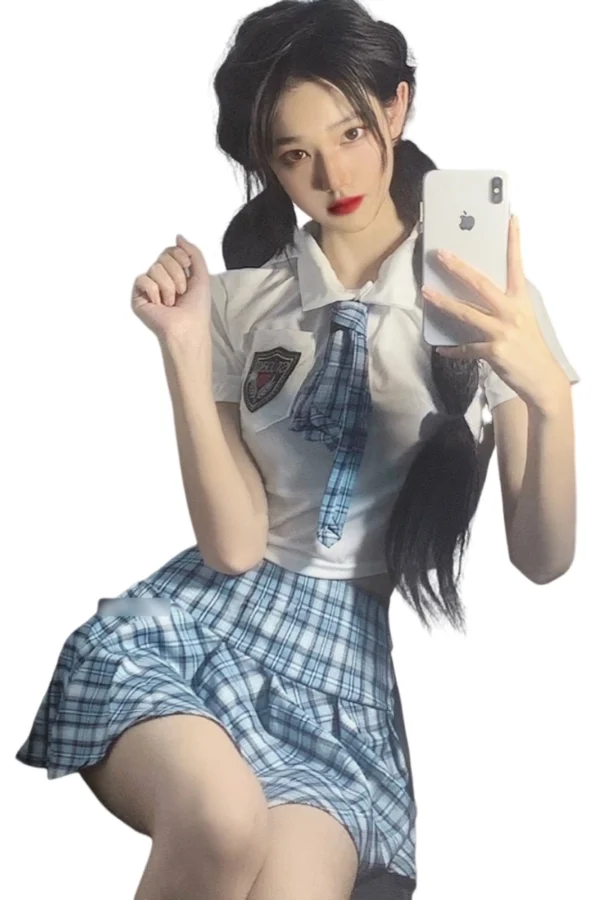 OEM School girl sexy lingerie featuring a plaid tie, skirt, and white crop top.