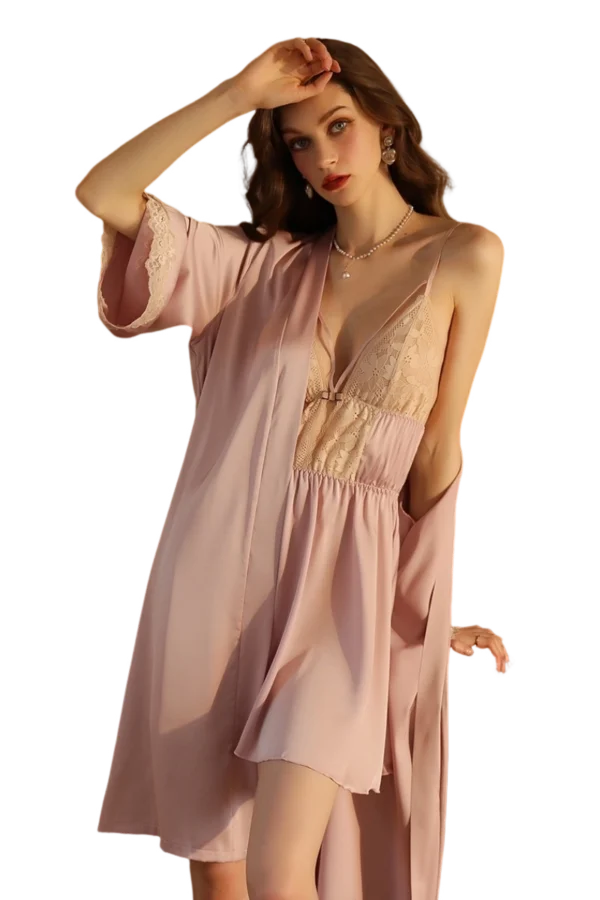 Custom pink lace and satin nightgown paired with matching lace-trimmed robe