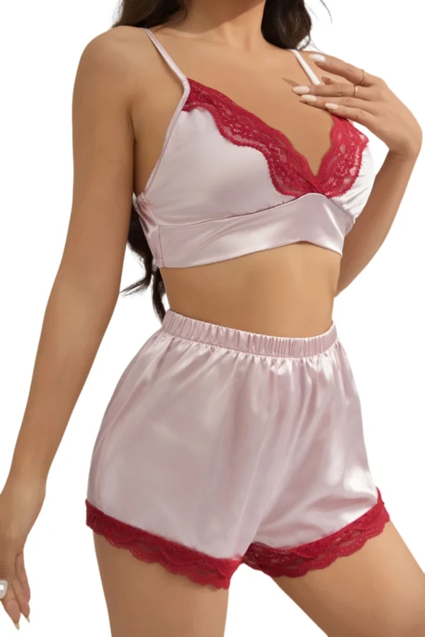 Chic pink lace nightgown long wholesale adorned with bold red lace details for a striking look.