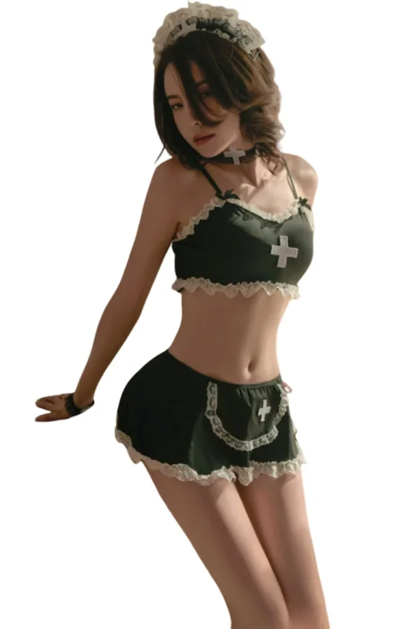 B2B black nurse costume featuring black fabric, white lace, and a matching apron.