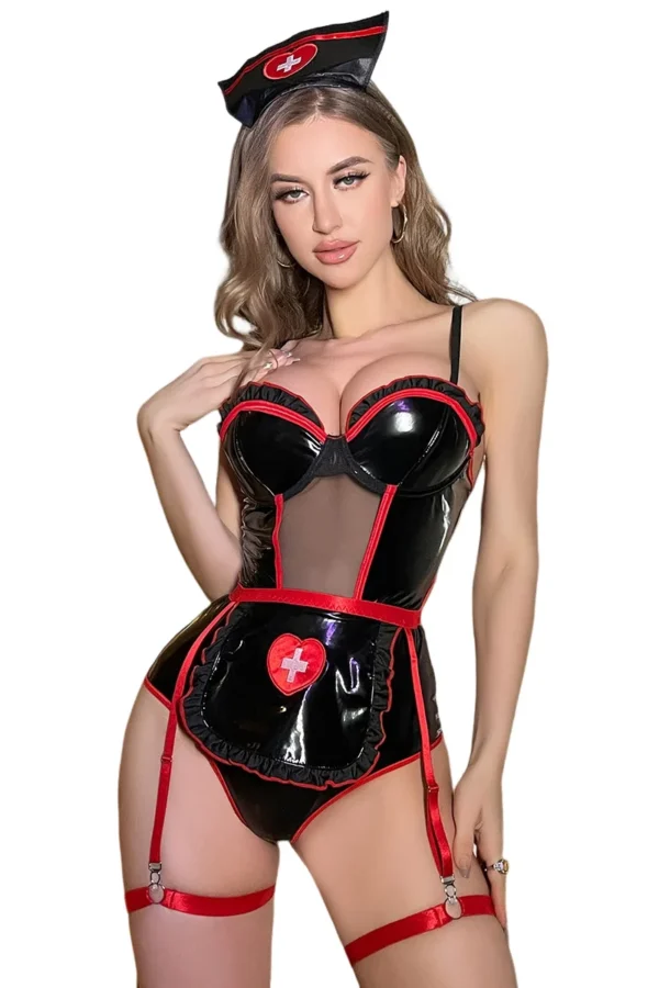 Private label black nurse costume isolated against a white background, highlighting design.