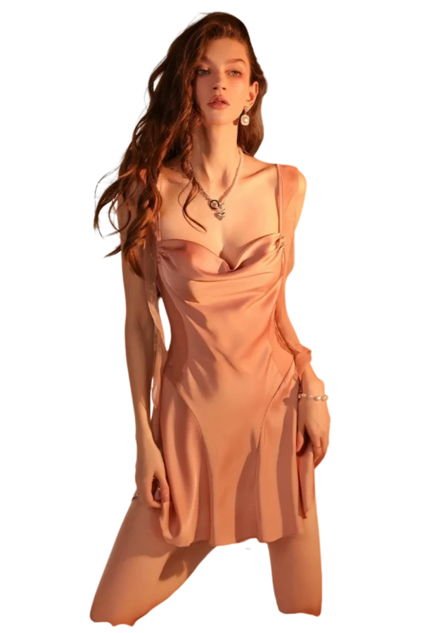 Soft peach private label crochet lace nightgown with intricate lacework.