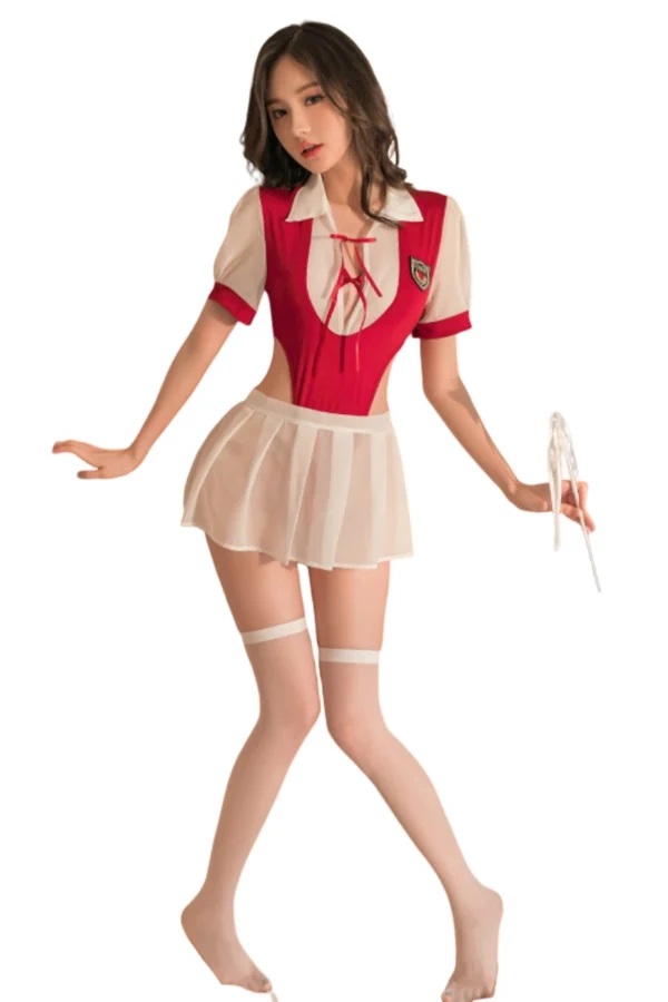 A model wearing private label crotchless naughty school lingerie featuring a red top, white collar, and a sheer skirt for a playful touch.