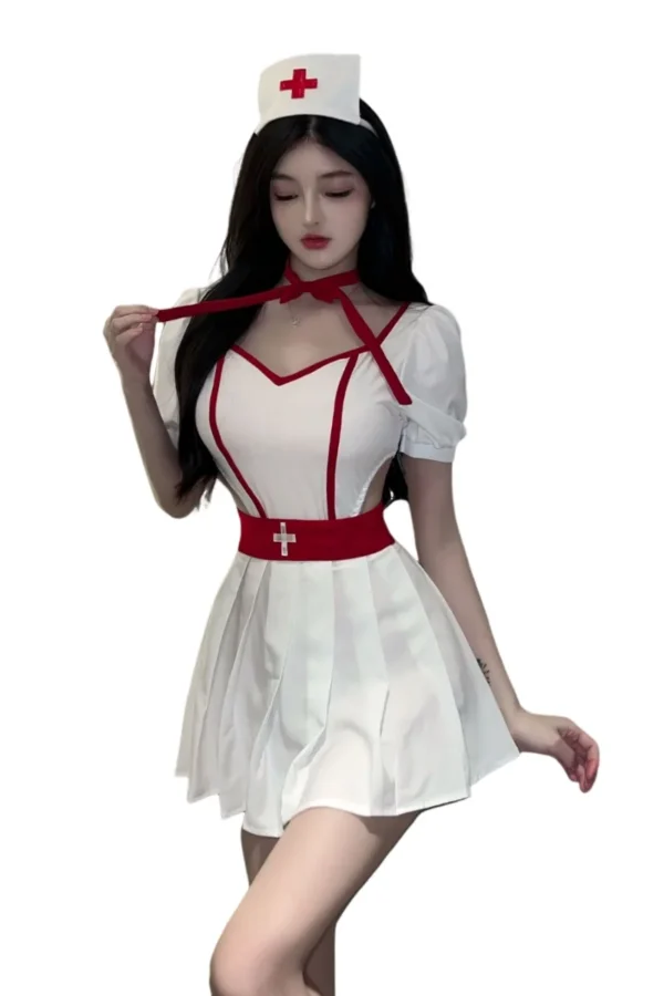Private label naughty nurse uniform featuring a classic bow neckline and flattering waist design.