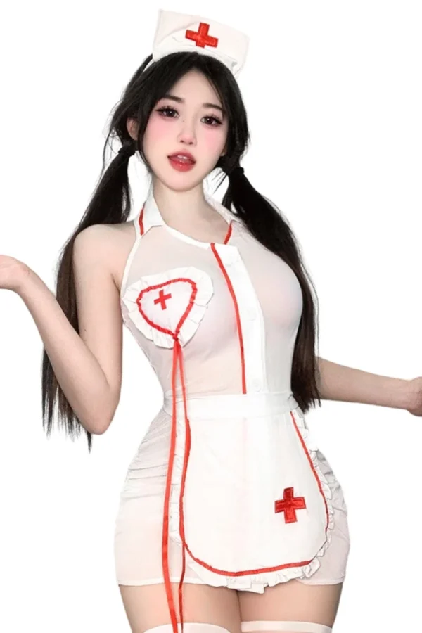 Detailed shot of the private label sexy nurse dress, emphasizing its red cross and heart pattern.