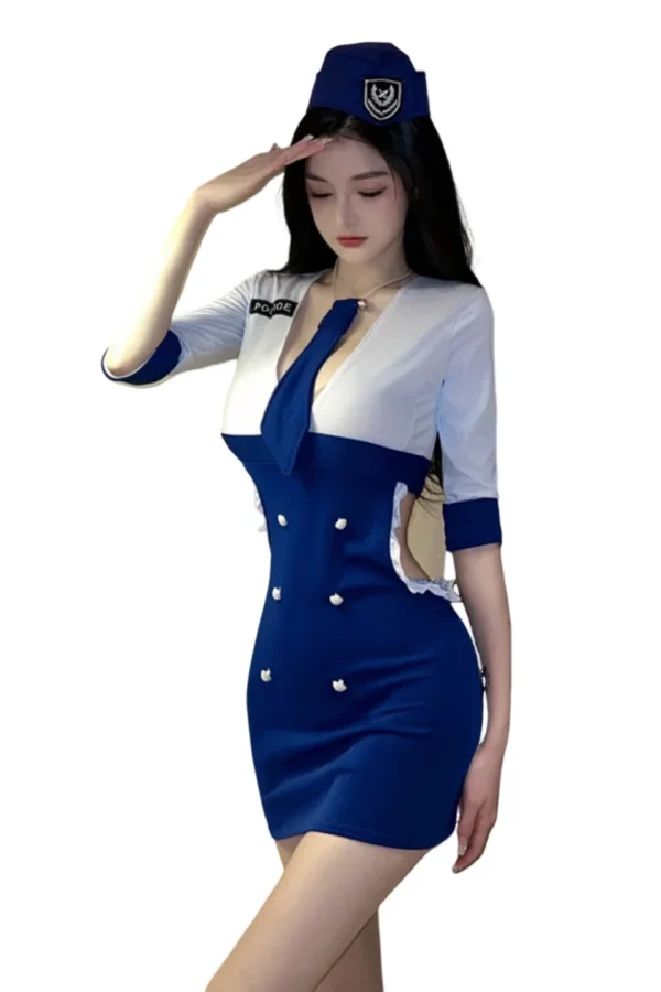 Private label sexy stewardess costume on a white background for a detailed view of its stylish features.