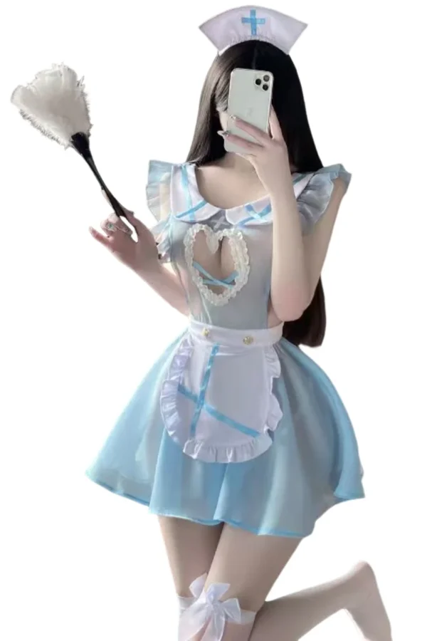 Back view of private label women naughty outfit with lace apron and open-back design.