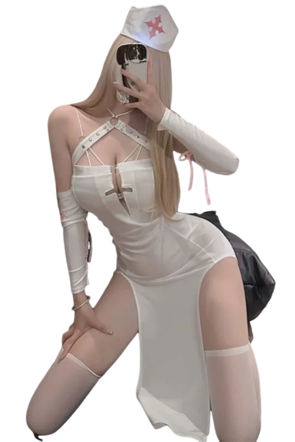 Private label women sexy uniform in white with sophisticated cutouts and stylish design.