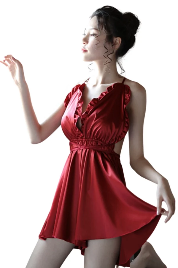 Stylish red lace cotton nightgown wholesale with romantic ruffles.