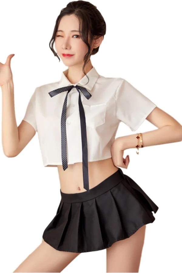 Black pleated mini skirt set in school girl sexy lingerie wholesale collection.