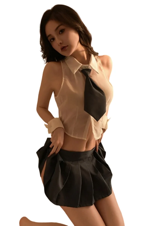 Sexy secretary outfit featuring a pleated mini skirt and a sheer top for wholesale.