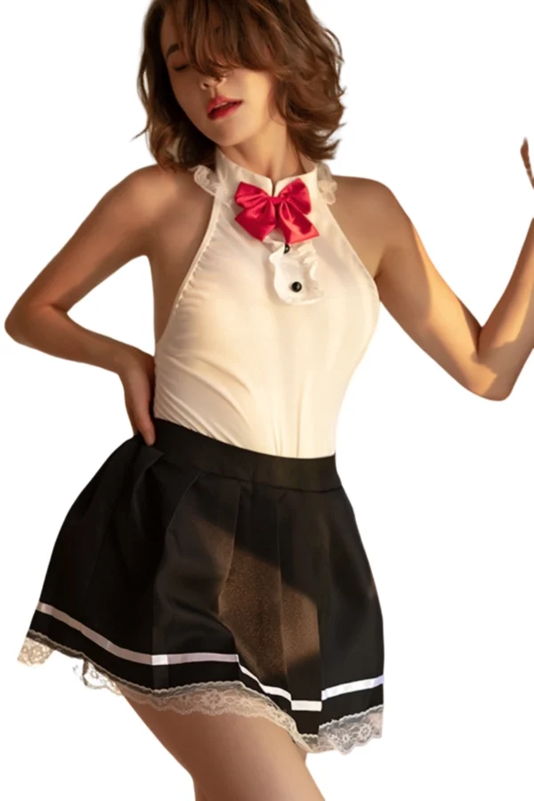 Sexy nude naughty school lingerie wholesale featuring a red bow and flared skirt