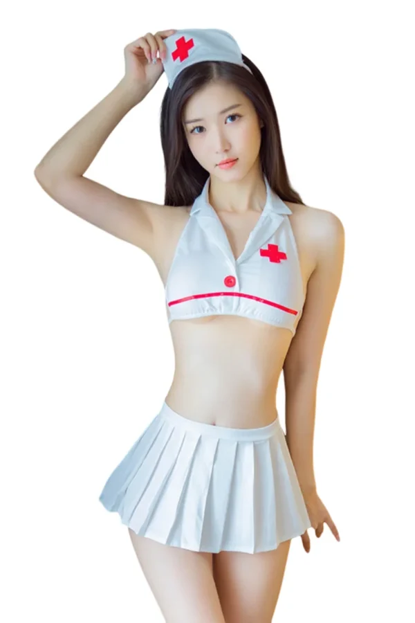 Sexy uniform women OEM featuring a nurse-inspired design with a cropped halter top and pleated skirt.
