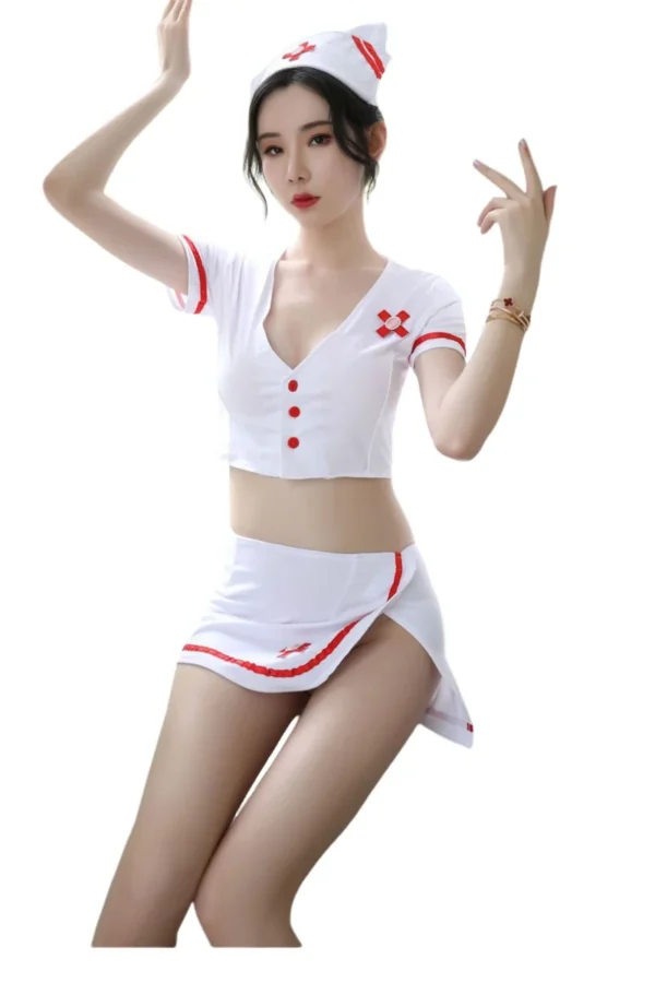 A seductive and playful private label naughty nurse outfit with matching accessories.