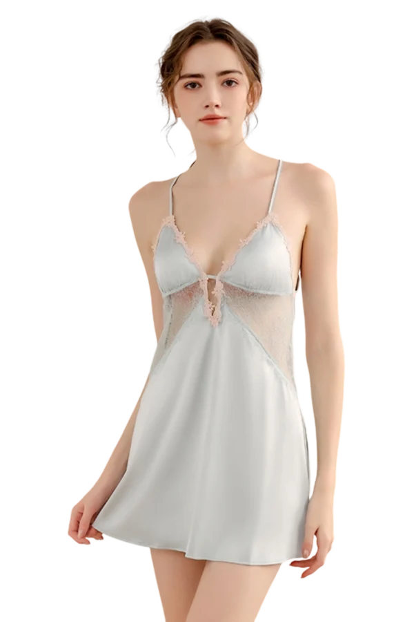 "A stunning mint bulk lace and satin nightgown featuring soft satin and fine lace details."