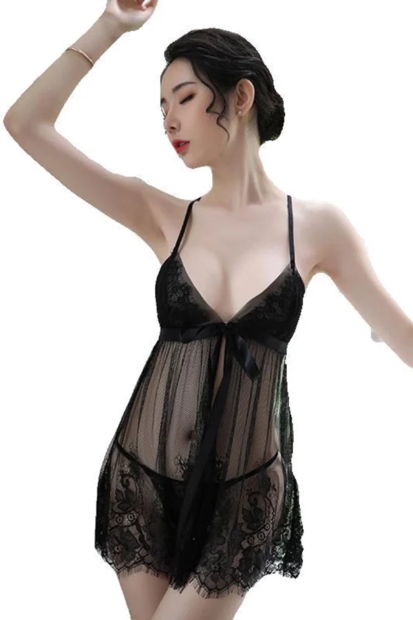 "Sophisticated black B2B lace cuffs nightgown with elegant lace and adjustable straps."