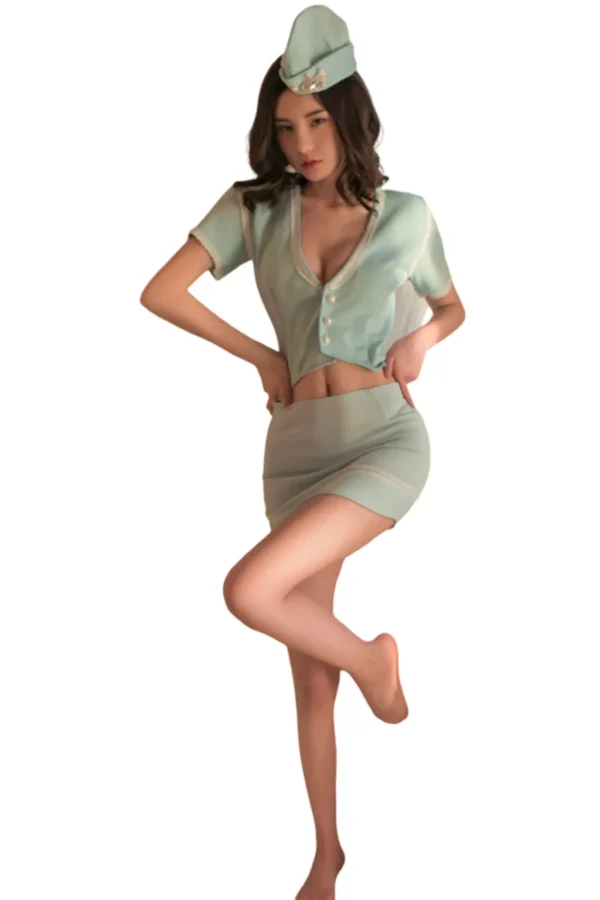 Bulk sexy stewardess costume in mint green, styled with elegant details and playful accents.