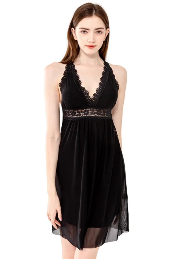 Bulk frilly lace nightgown in a sleek black design with lace trims.