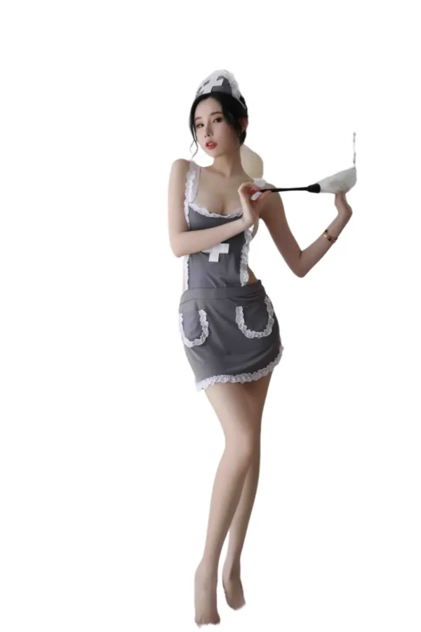 Woman posing in a stylish wholesale sexy nurse outfit women with lace embellishments.