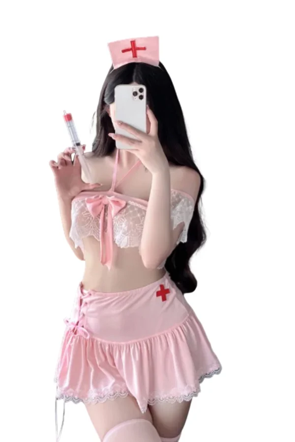 Wholesale sexy pink nurse outfit including matching accessories and detailed lace trim.