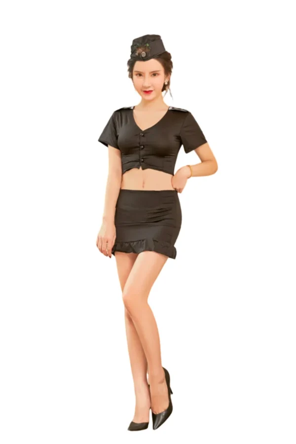 Front view of a b2b sexy stewardess costume featuring a chic black cropped top and matching mini skirt.
