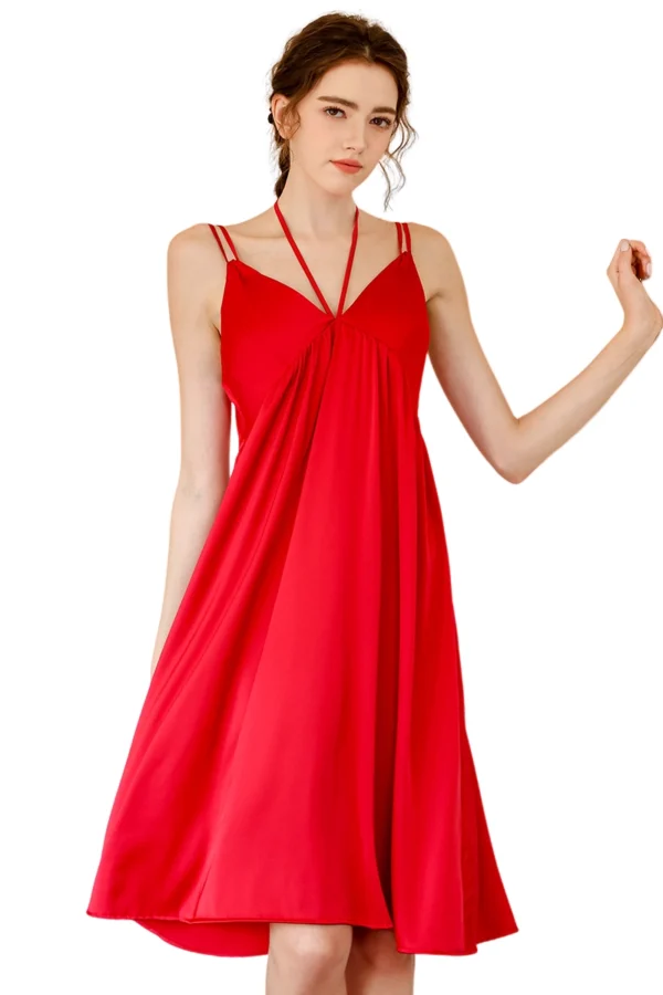 Vibrant red custom gothic lace nightgown with stylish halter straps and a flowing silhouette.