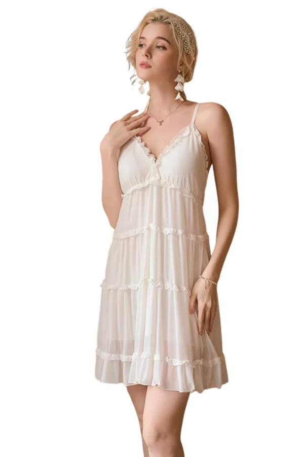 A white private label juniors lace nightgown featuring soft layers and a flattering silhouette.