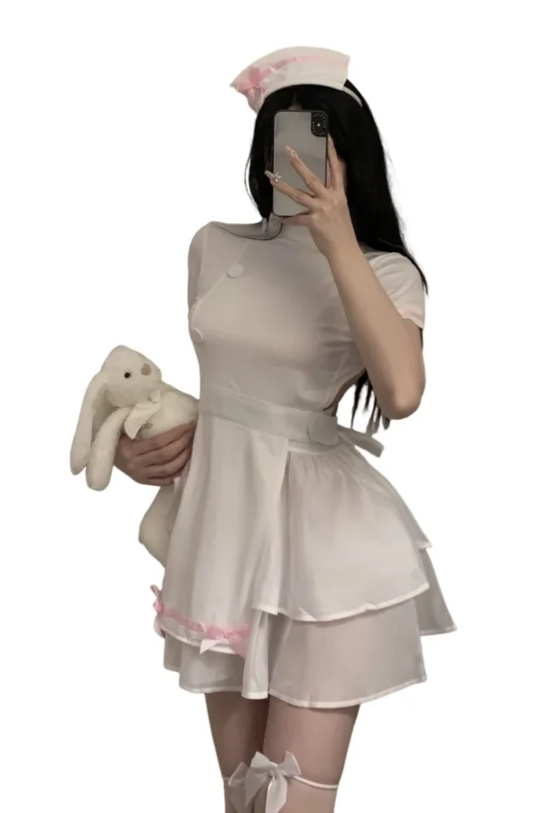 Private label women naughty uniform displayed in a studio setting with detailed white and pink accents