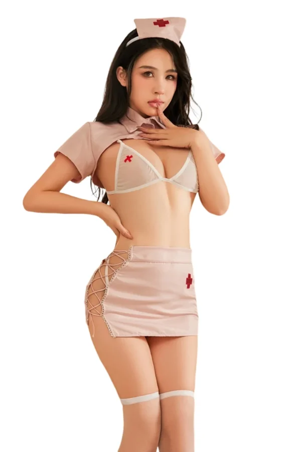 Wholesale nurse uniform women featuring a pink outfit with a lace-up mini skirt and cross details.