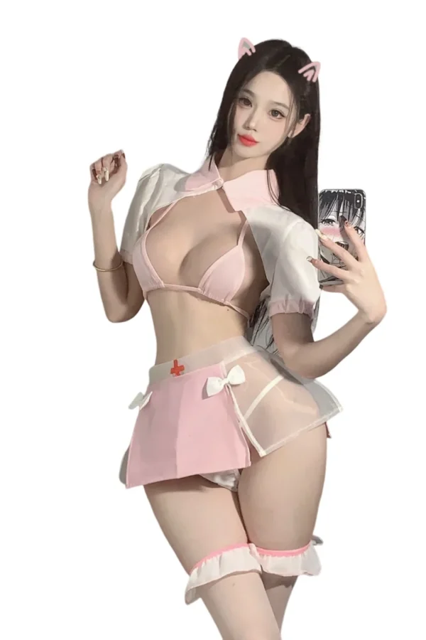 Wholesale pink nurse costume featuring a pastel design with short sleeves and matching accessories.