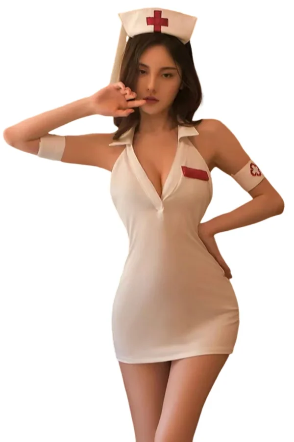 Wholesale women nurse uniform featuring a traditional collar and red cross detailing for a timeless appeal.