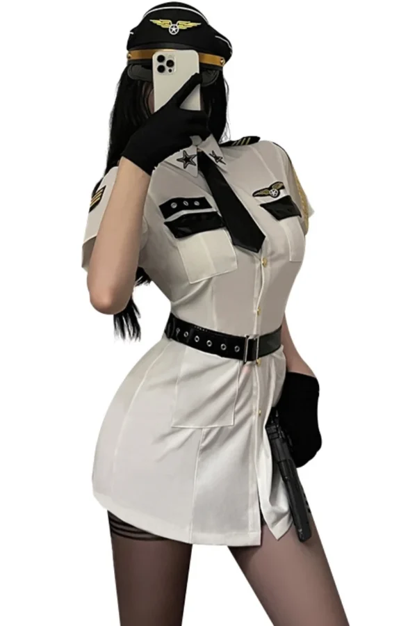 B2B Costume Sexy Cop - Stylish White Uniform with Belt - Supreme Lingerie Close-up of B2B costume sexy cop featuring a sleek white uniform and professional black accessories.