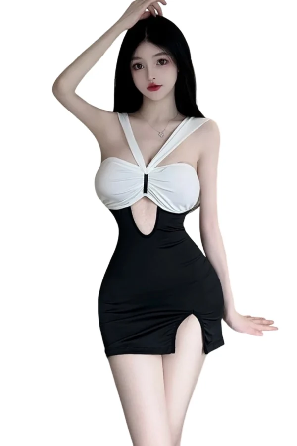 A stylish sexy secretary cosplay uniform featuring a black and white mini dress, perfect for B2B wholesale.