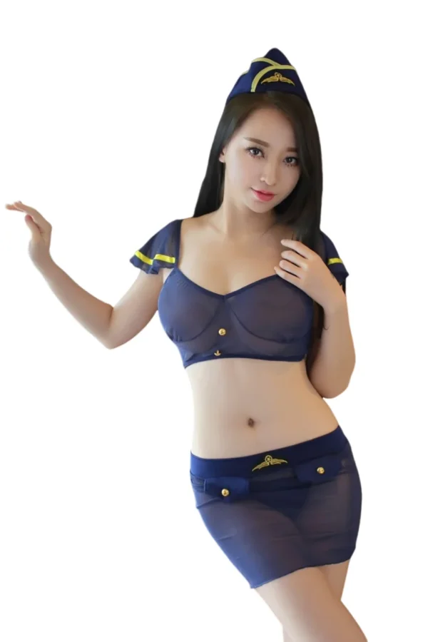 B2B stewardess costume women with sheer material, gold accents, and a navy-blue cap.