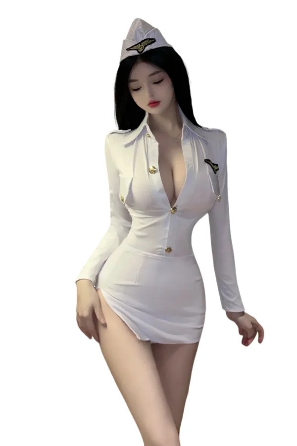 Custom private label flight attendant outfit in white with luxurious design elements and tailored fit.