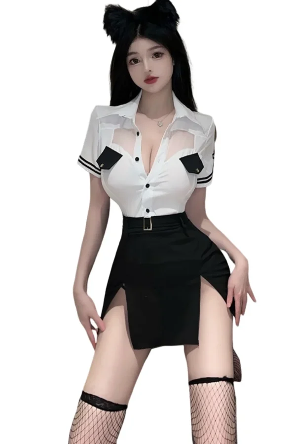 Elegant B2B flight attendant outfit with tailored details and modern style.
