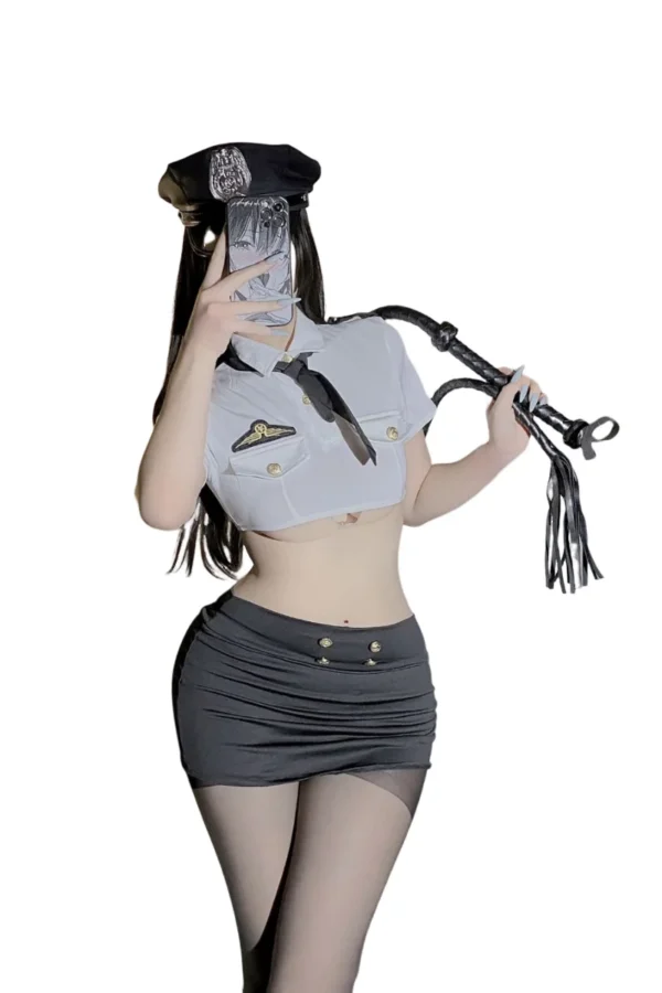 Bulk Costume Sexy Cop with Whip Accessory - Supreme Lingerie Woman wearing a bulk costume sexy cop outfit, holding a whip accessory.
