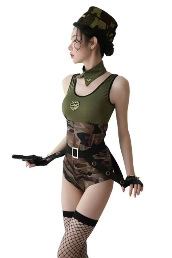 Bulk Womens Cop Costume Featuring Camouflage Design - Supreme Lingerie Elegant pose highlighting the bulk womens cop costume in a camouflage theme, complete with a hat.