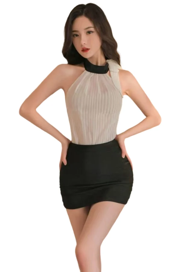 Model leaning forward in a sleeveless top and fishnet skirt, demonstrating a b2b sexy secretary women costume