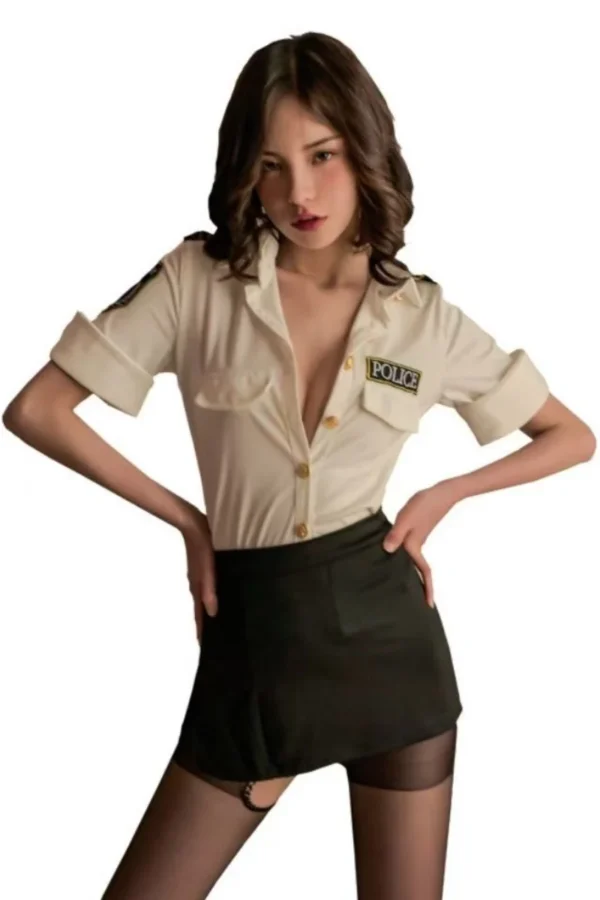 Cop costume for women with a white shirt featuring police insignia and a black skirt, styled as a classic police officer.