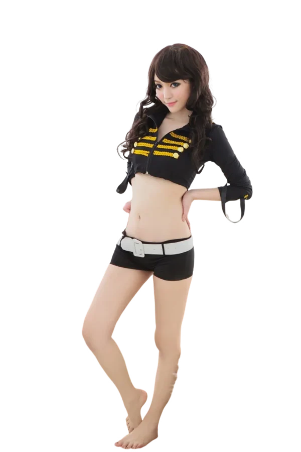 Custom Lady Cop Costume Black and Gold - Supreme Lingerie Custom lady cop costume in black and gold design featuring a cropped jacket and white belt.