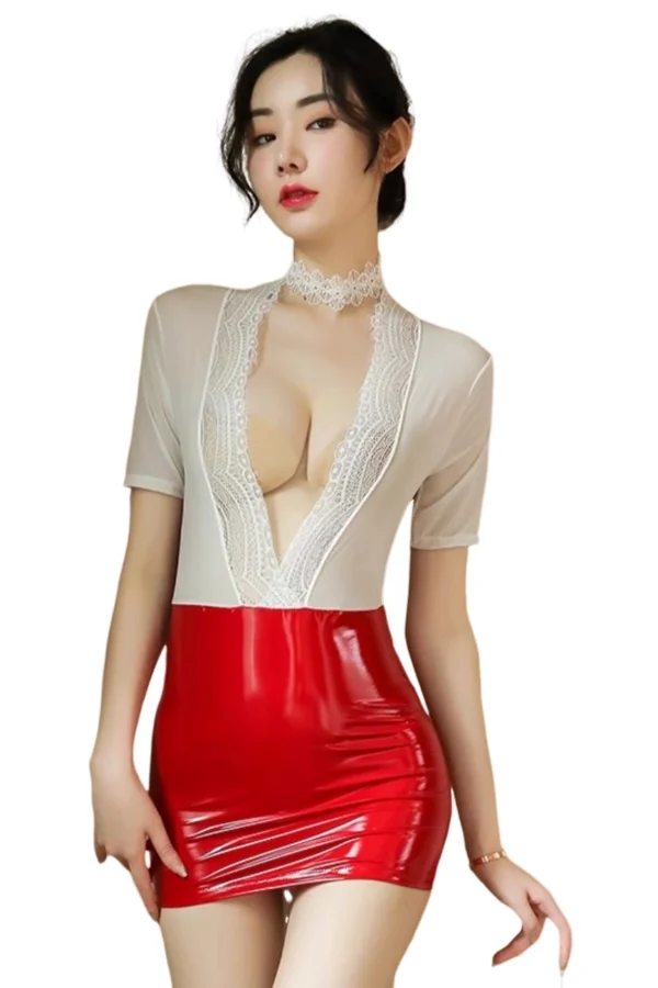 Woman wearing a custom women secretary uniform in red and lace details, showcasing an elegant and professional style.