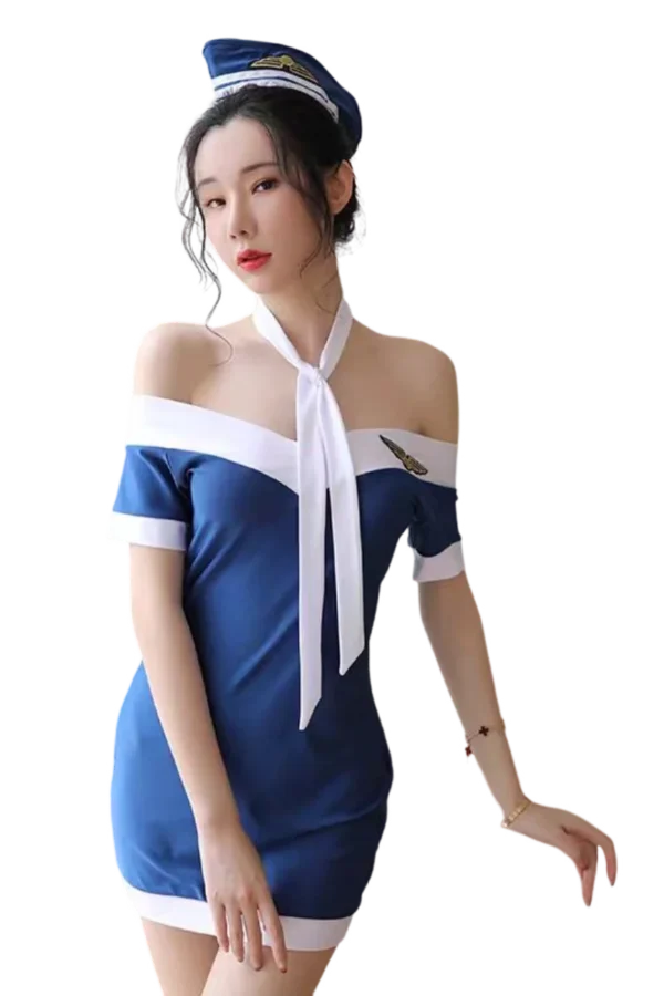 Customized private label sexy stewardess dress with a striking white and blue color palette.